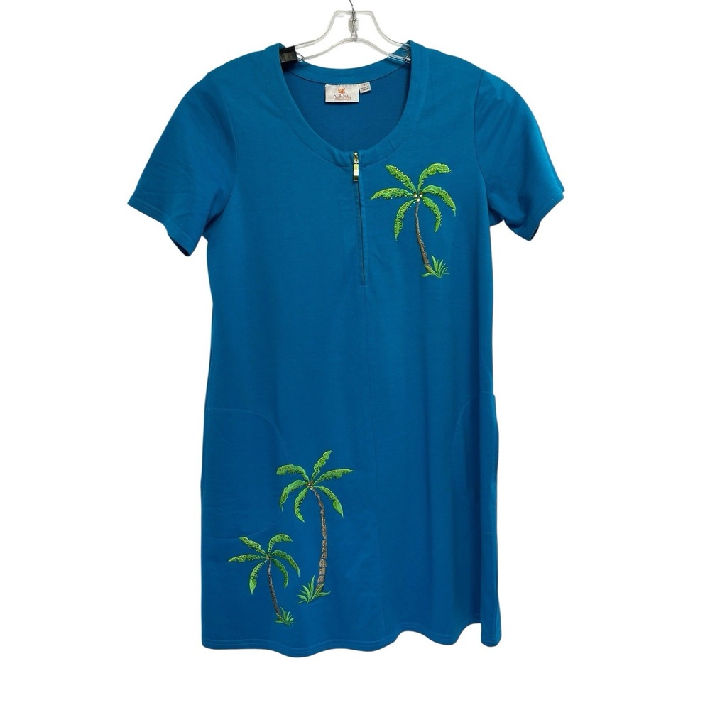 Quacker Factory French TerryDress Sz Small Blue Embroidered Palm Tree (C44) NWTs
